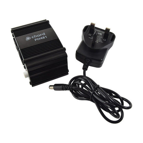 Chord PH481 single channel 48V phantom power unit in black finished casing with UK plug adaptor and DC cable, shown on a white background.