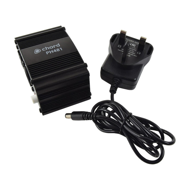 Chord PH481 single channel 48V phantom power unit in black finished casing with UK plug adaptor and DC cable, shown on a white background.