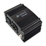 Chord PH481 single channel 48V phantom power unit in a black ridged metal casing with XLR input, XLR output, and power button on a white background.