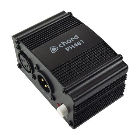 Chord PH481 single channel 48V phantom power unit in a black ridged metal casing with XLR input, XLR output, and power button on a white background.