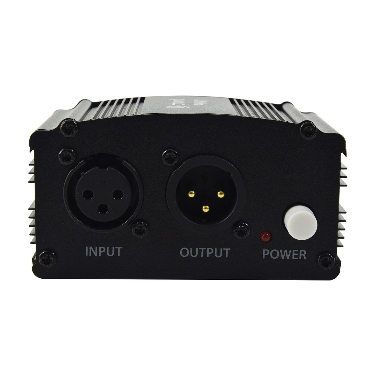 Front panel of the AVSL Chord PH481 Single Channel 48V Phantom Power Unit showing XLR input and output sockets, red LED indicator and white power button.