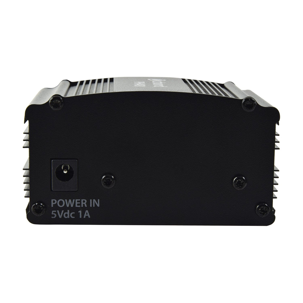 Side view of the Chord PH481 single channel 48V phantom power unit by AVSL, showing the DC power input labelled 5Vdc 1A on a matte black casing.
