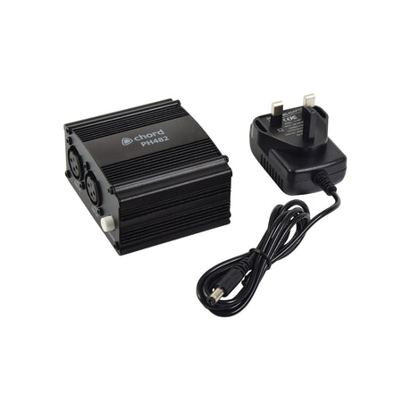 Chord PH482 dual channel 48V phantom power unit in black with two XLR inputs, alongside a UK plug 5Vdc power adaptor on a white background.