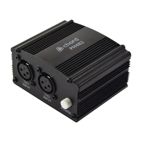 Chord PH482 dual channel 48V phantom power unit in black casing with two XLR inputs and white power button on a plain background.