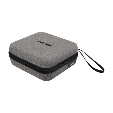 Grey fabric zipped carry case with NUX logo and B-6 Pro tag, wrist strap attached, for the NU-X B-6 Pro Saxophone Wireless Microphone Set.