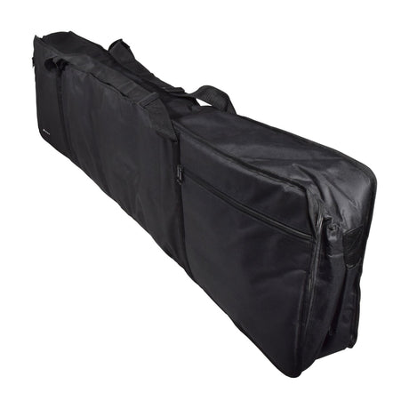 Chord padded stage piano bag by AVSL in black nylon for 88-key pianos, showing carry handles, front zipped pocket and shoulder strap on white.