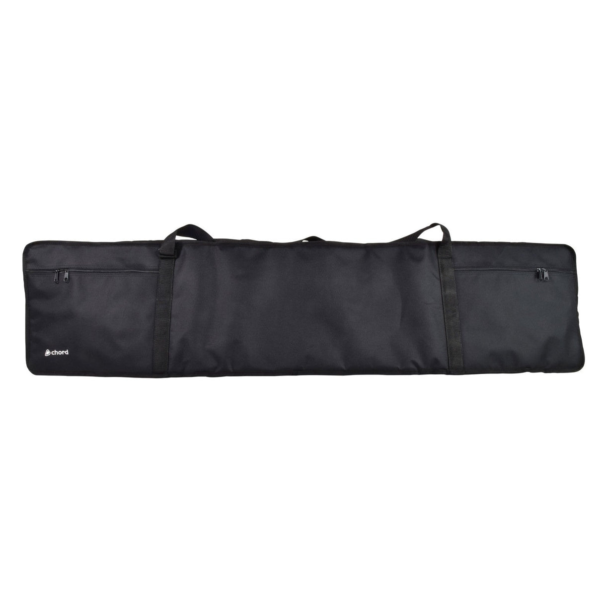 Introducing the Chord Stage Piano Bag: A black padded bag crafted specifically for an 88-key digital piano. It features double handles and zippered pockets, and is made from smooth, durable nylon fabric to ensure protection. A small brand logo is elegantly placed on the lower left corner.