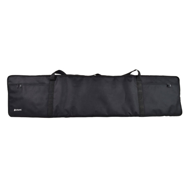 Introducing the Chord Stage Piano Bag: A black padded bag crafted specifically for an 88-key digital piano. It features double handles and zippered pockets, and is made from smooth, durable nylon fabric to ensure protection. A small brand logo is elegantly placed on the lower left corner.