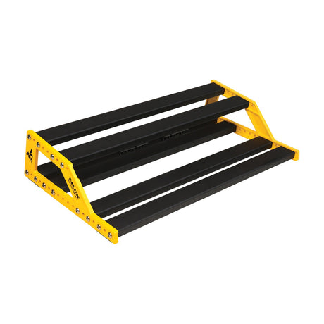 NU-X NPB-M Medium Bumblebee two-tier pedalboard in anodised aluminium with yellow side frames and black rails, shown on a plain white background.