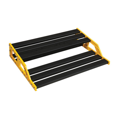 NU-X NPB-L Large Bumblebee two-tier pedalboard with black anodised aluminium slats and yellow side frames, shown on a plain white background.