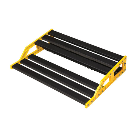NU-X NPB-L Large Bumblebee two-tier pedalboard in anodized yellow aluminium with black rails, shown on a plain white background.