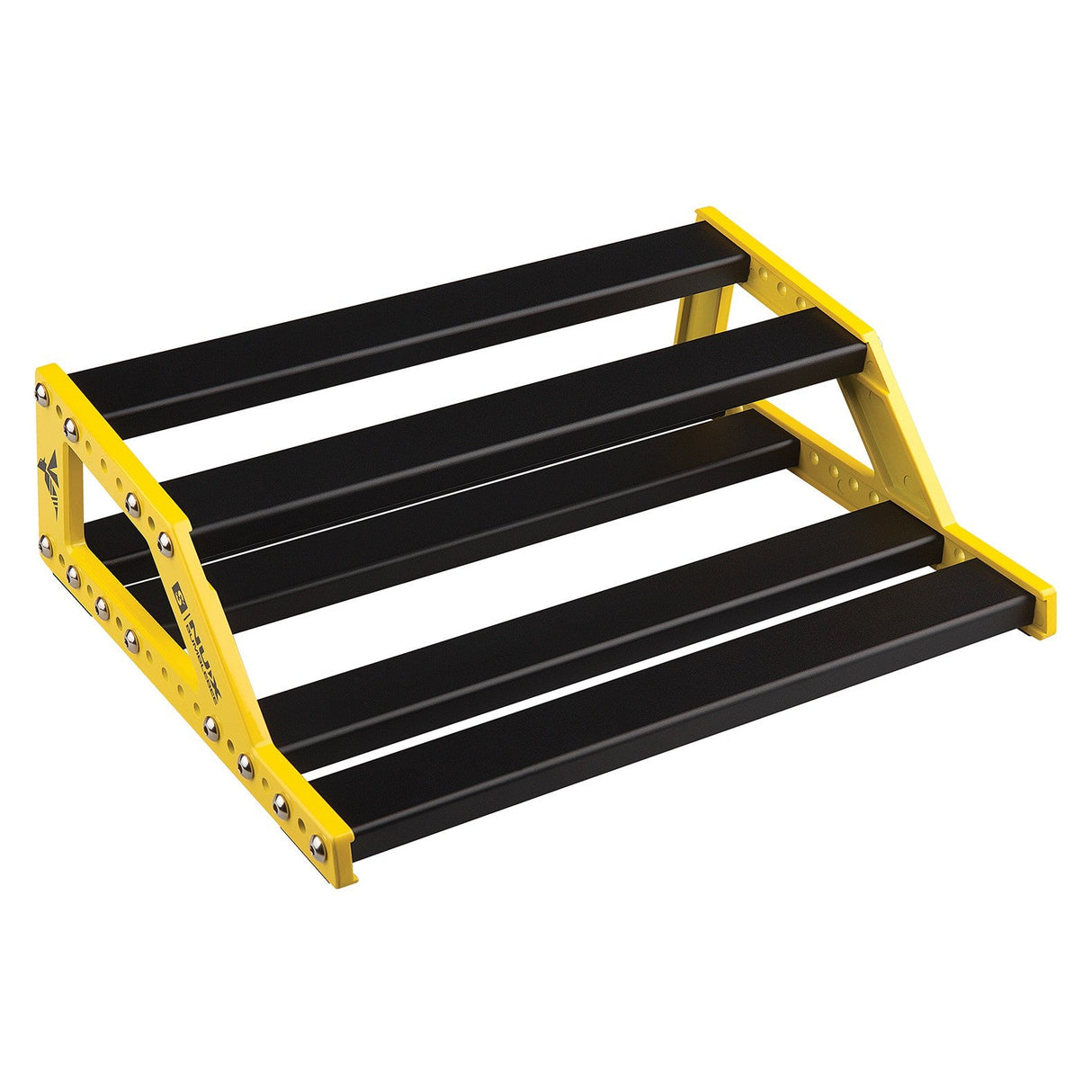 The NU-X Small Bumblebee Pedalboard, featuring a yellow and black design similar to a lightweight step ladder with four wide steps, offers a portable and sturdy platform. It boasts an anodized aluminum frame with bolt accents for enhanced durability.