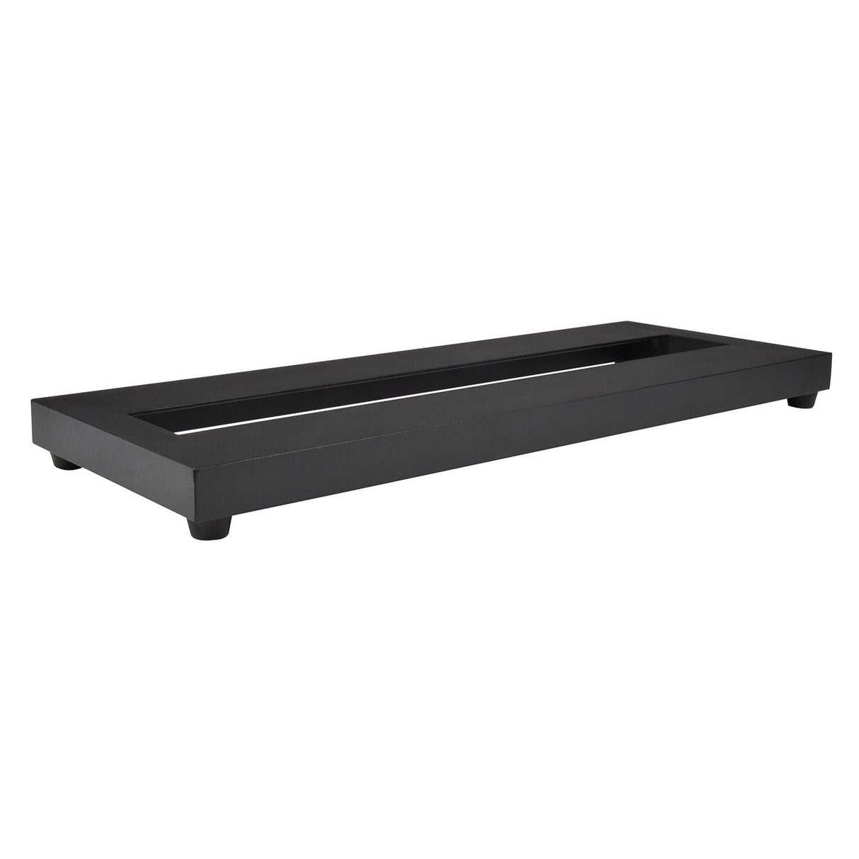 The Chord Micro Pedal Board With Bag features a rectangular, black metal design with four small feet that provide slight elevation, making it perfect for showcasing pedal platforms or organizing guitar effect pedals. Its open center and smooth finish combine style with function, ideal for display or organizational use.