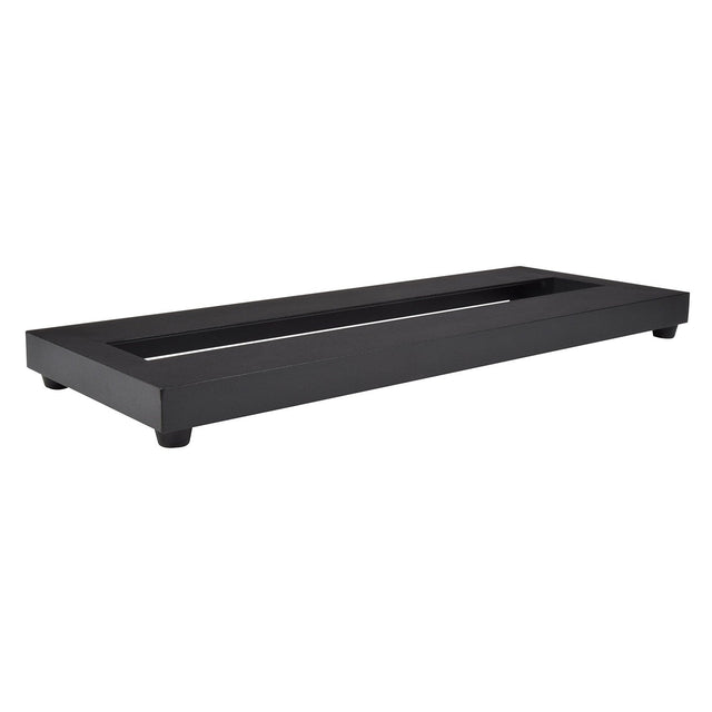 The Chord Micro Pedal Board With Bag features a rectangular, black metal design with four small feet that provide slight elevation, making it perfect for showcasing pedal platforms or organizing guitar effect pedals. Its open center and smooth finish combine style with function, ideal for display or organizational use.