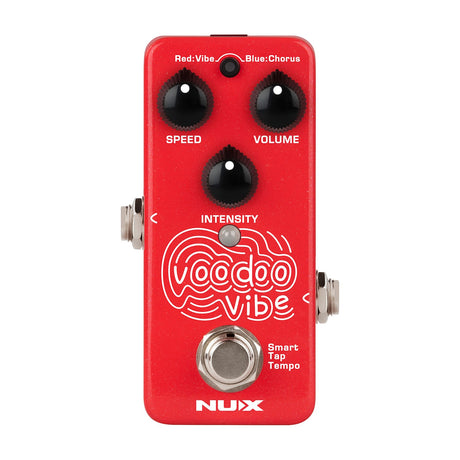 NU-X NCH-3 Voodoo Vibe mini guitar pedal in red with Speed, Volume and Intensity knobs, mode indicator, footswitch and tap tempo, on white.