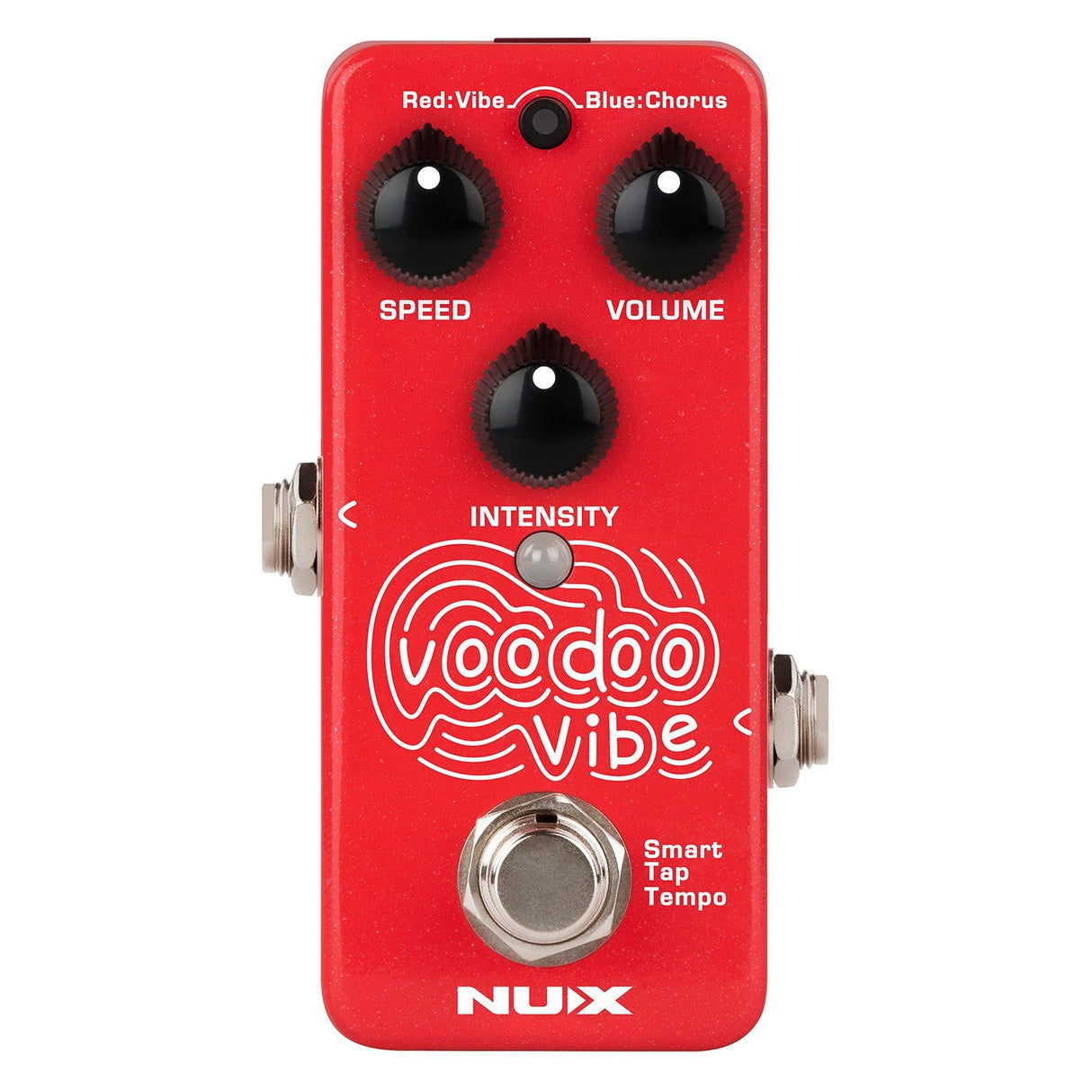 The NU-X Voodoo Vibe Mini Pedal is a red effects pedal featuring three black knobs for Speed, Volume, and Intensity. This compact unit includes a footswitch and Smart Tap Tempo function, offering rotating speaker effects highlighted by a wavy white design in the center.