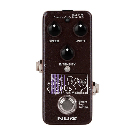NU-X NCH-5 Mini Super Chorus-Flanger Modulation pedal in dark sparkle finish with Speed, Width, Intensity knobs, mode button and footswitch.