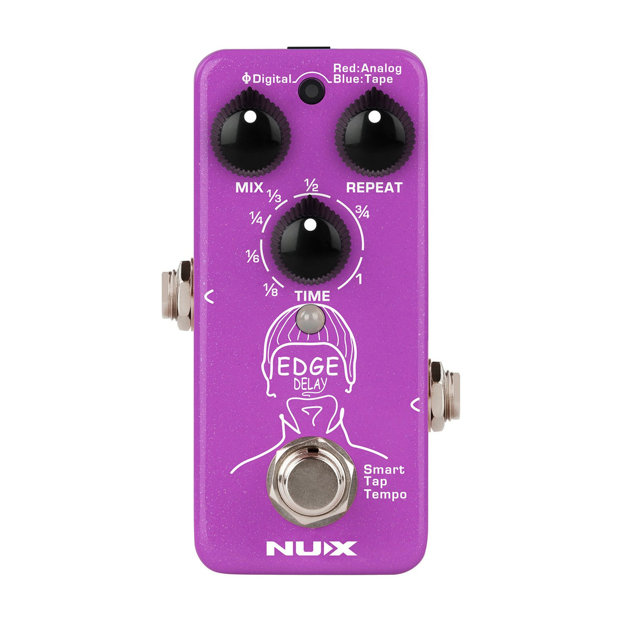 NU-X NDD-3 Edge Mini Delay Pedal in purple with Mix, Repeat and Time knobs, mode indicator, footswitch and smart tap tempo, on a white background.