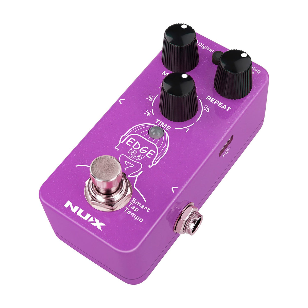 NU-X NDD-3 Edge Mini Delay guitar pedal in purple with Time, Repeat and Mix knobs, mode button, footswitch and 6.35mm jack, on a white background.