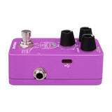 Side view of NU-X NDD-3 Edge Mini Delay Pedal in purple with footswitch, three black knobs, 6.35mm jack and USB-C port, on a white background.