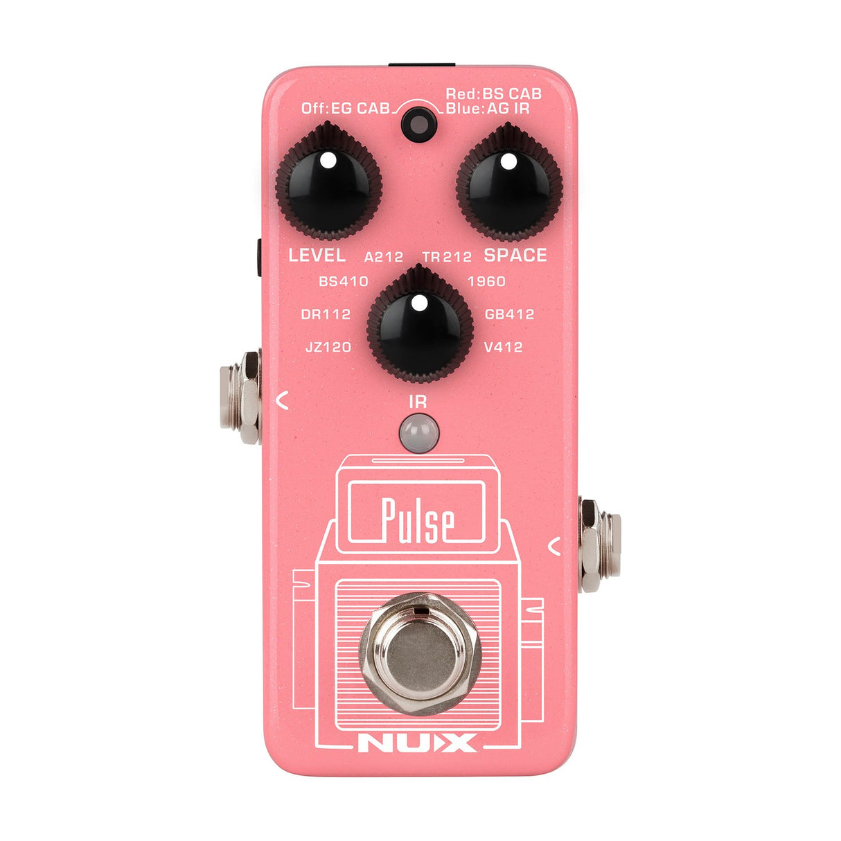 NU-X NSS-4 Pulse Impulse Response IR loader guitar pedal in pink with three black knobs, footswitch and cabinet graphic, on a white background.