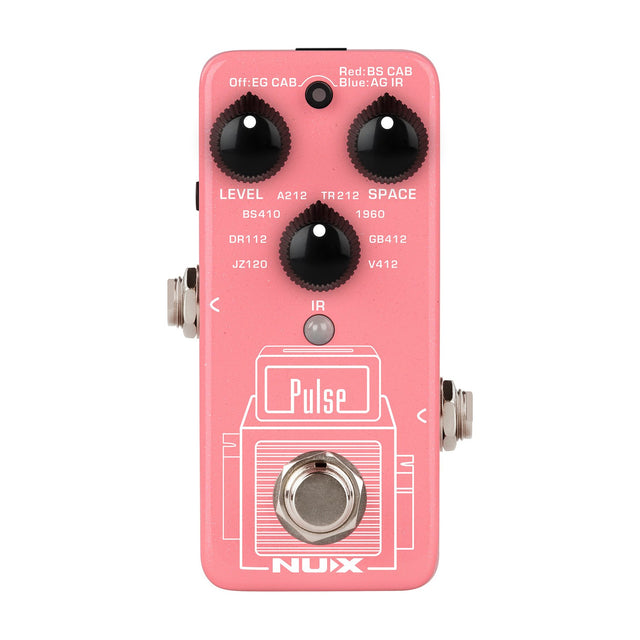 NU-X NSS-4 Pulse Impulse Response IR loader guitar pedal in pink with three black knobs, footswitch and cabinet graphic, on a white background.
