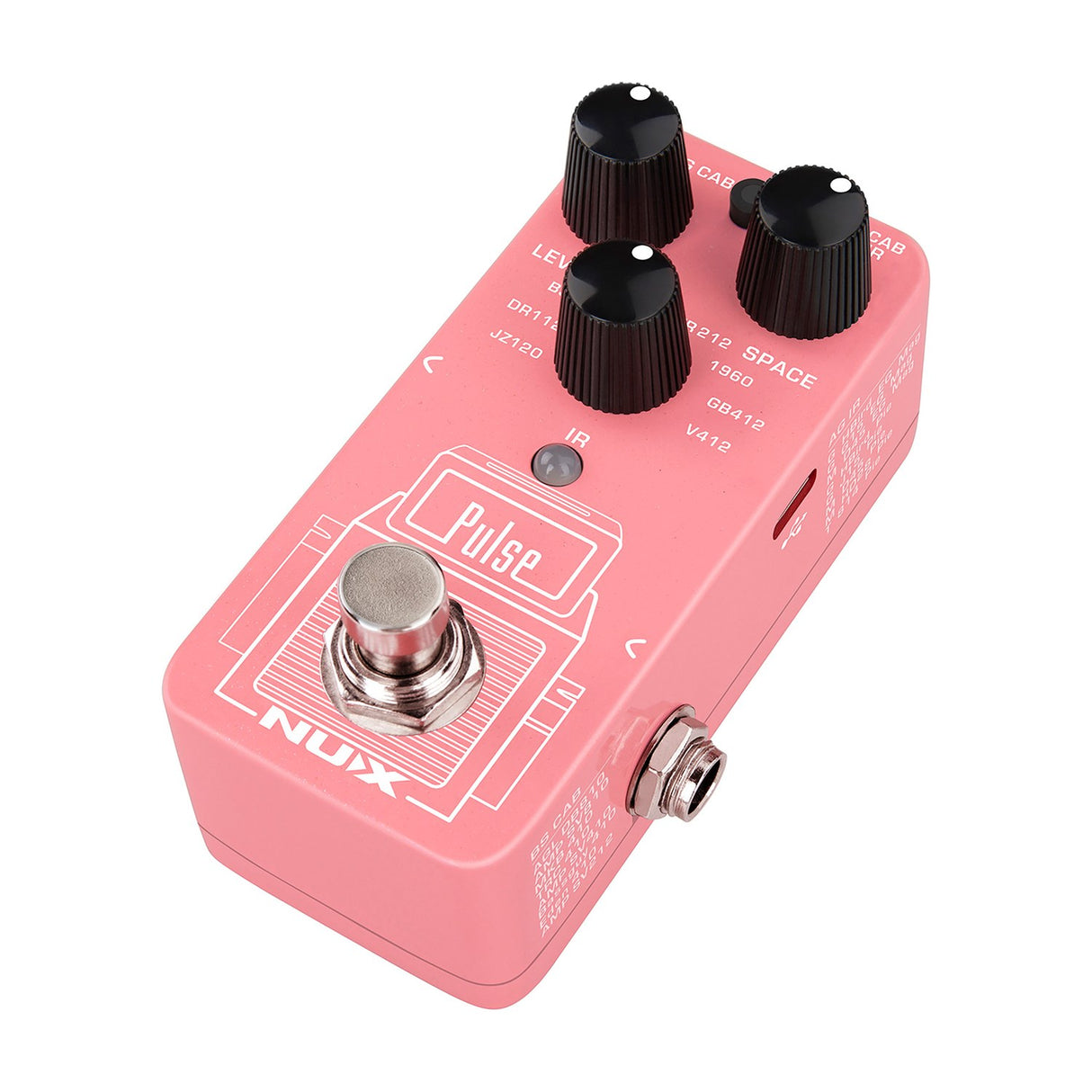 NU-X NSS-4 Pulse Impulse Response IR Loader Pedal in pink with three black knobs, footswitch and USB-C port, shown on a white background.