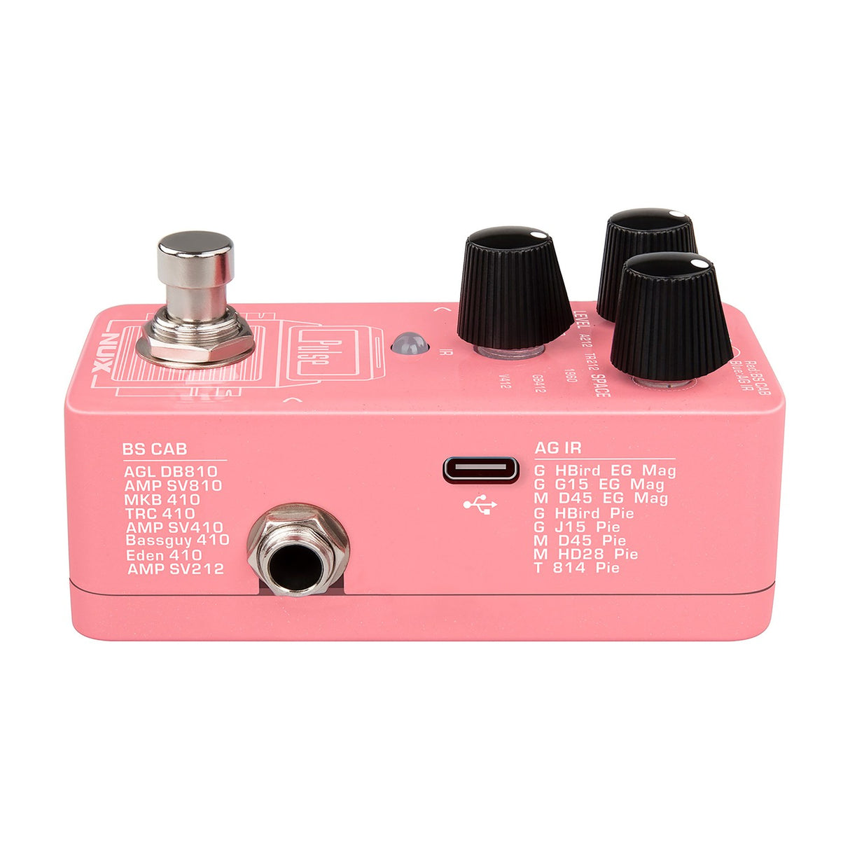 Side view of the NU-X NSS-4 Pulse IR Loader Pedal in pink, showing the USB-C port, 1/4-inch jack, control knobs, and BS CAB and AG IR model lists.