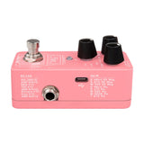 Side view of the NU-X NSS-4 Pulse IR Loader Pedal in pink, showing the USB-C port, 1/4-inch jack, control knobs, and BS CAB and AG IR model lists.