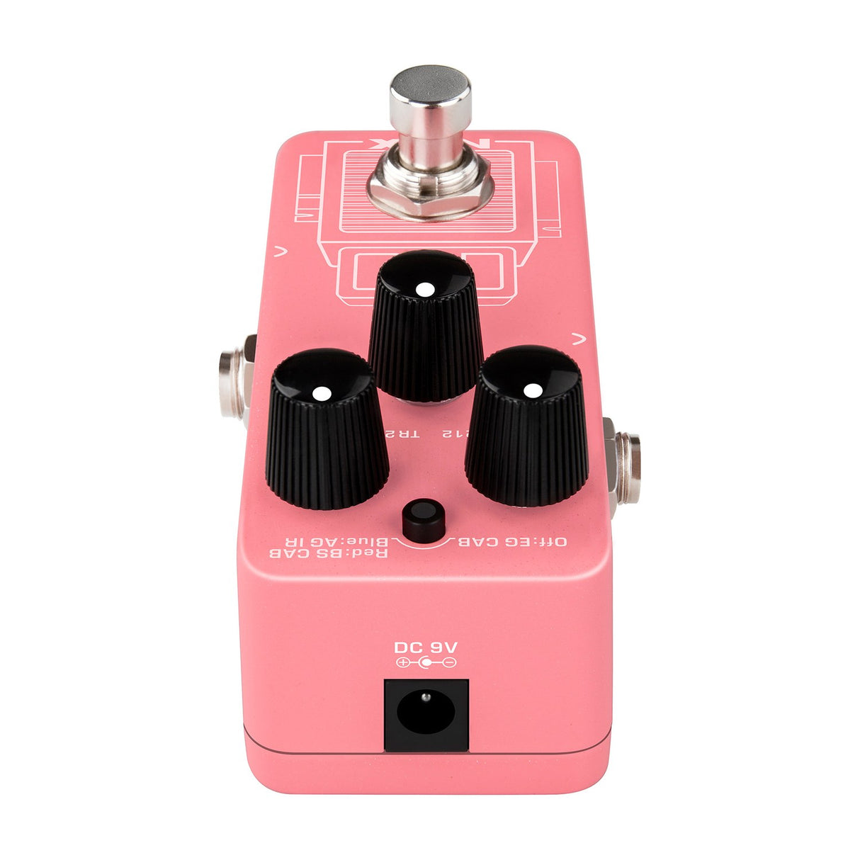 Side view of the NU-X NSS-4 Pulse IR Loader Pedal showing three black knobs, footswitch, mode selector, and DC 9V input on a pink casing.