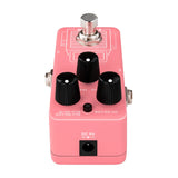 Side view of the NU-X NSS-4 Pulse IR Loader Pedal showing three black knobs, footswitch, mode selector, and DC 9V input on a pink casing.