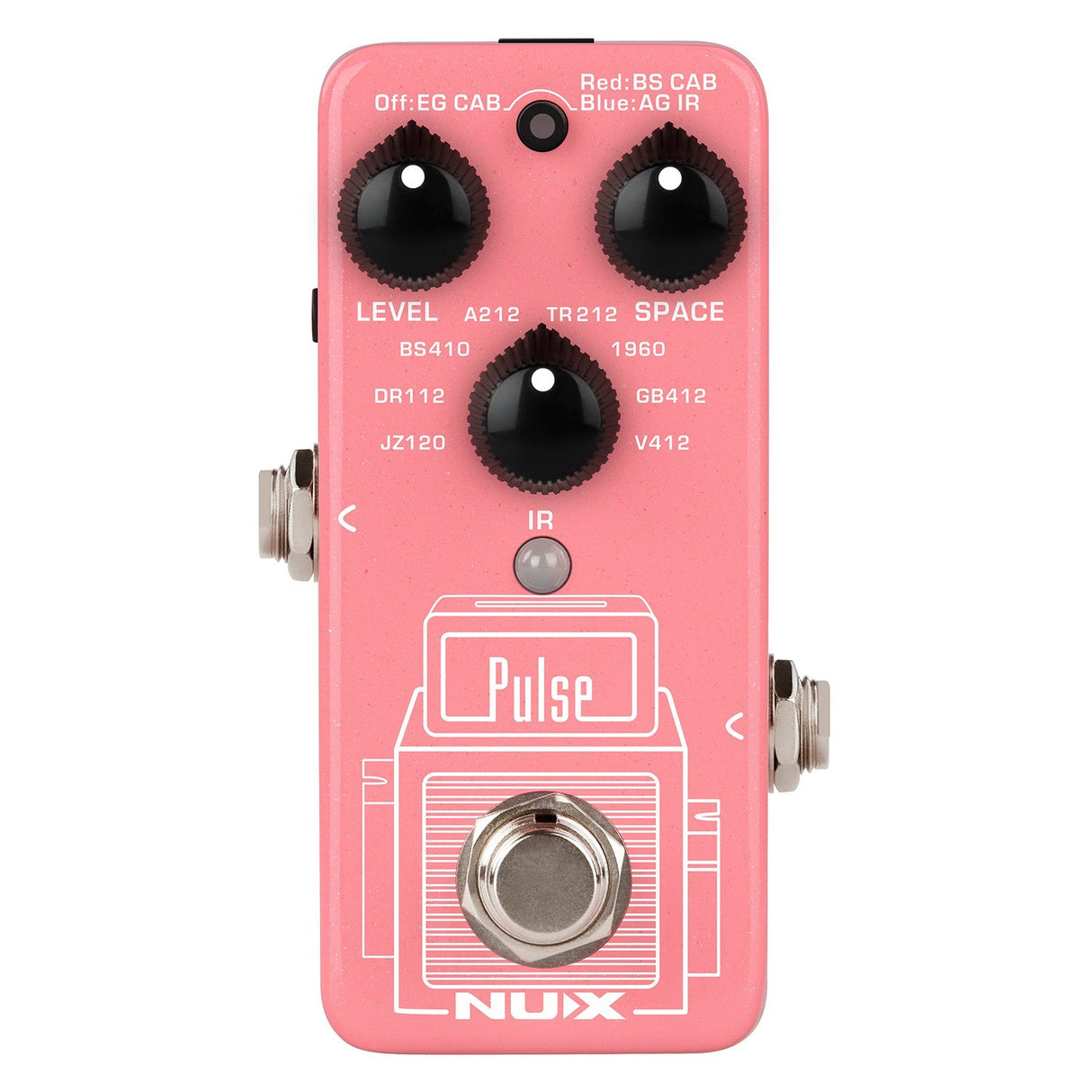 Image of a pink NU-X Pulse Impulse Response Pedal showcasing a central footswitch and four black knobs labeled Level, Space, along with various settings for guitar cab mode. Equipped with speaker cabinet simulation, it offers multiple input/output jacks on the sides for versatile connections.