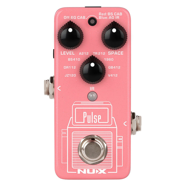 Image of a pink NU-X Pulse Impulse Response Pedal showcasing a central footswitch and four black knobs labeled Level, Space, along with various settings for guitar cab mode. Equipped with speaker cabinet simulation, it offers multiple input/output jacks on the sides for versatile connections.