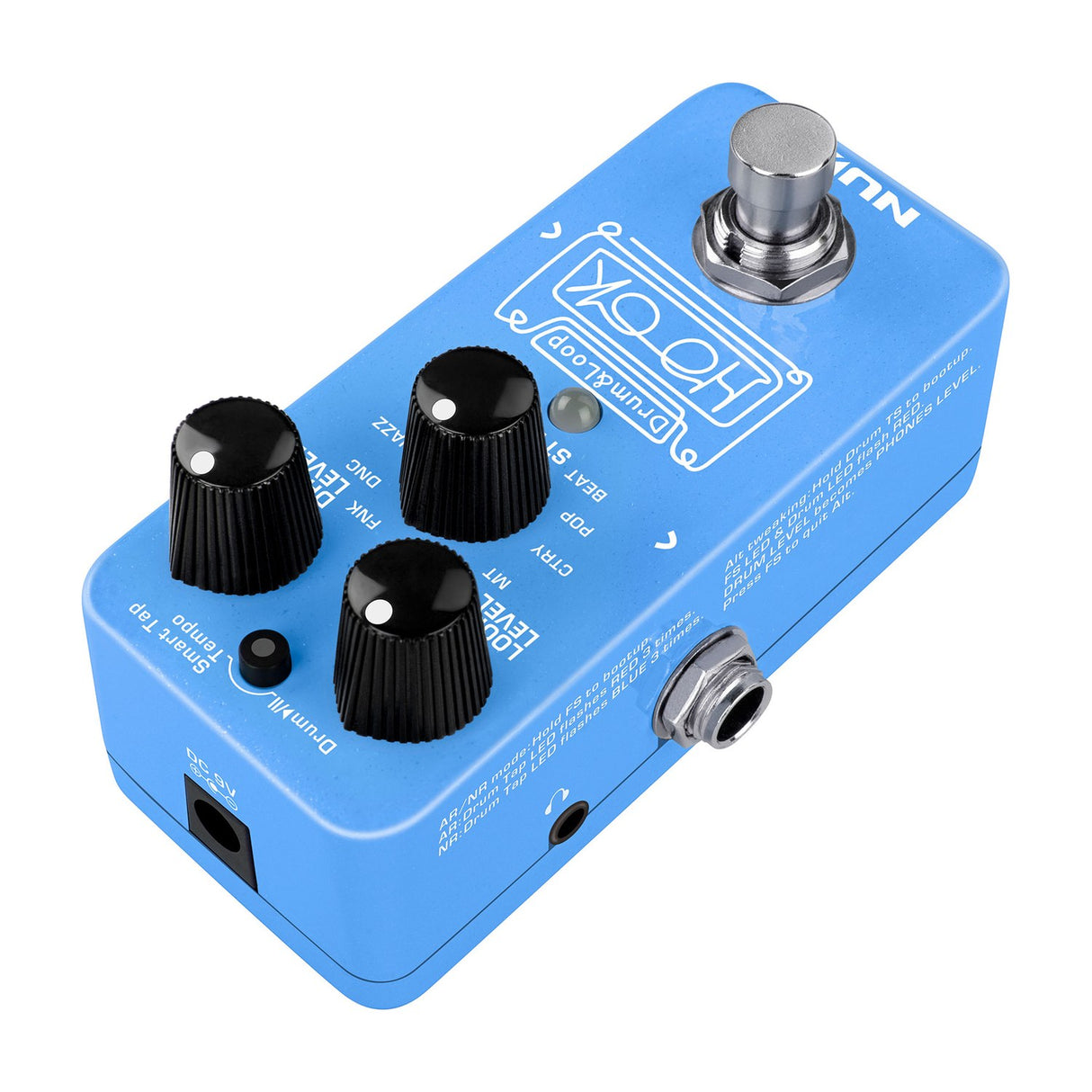 NU-X NDL-3 Hook drum machine and looper pedal in blue with three black knobs, footswitch, headphone minijack, and DC input, shown on white.