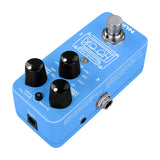 NU-X NDL-3 Hook drum machine and looper pedal in blue with three black knobs, footswitch, headphone minijack, and DC input, shown on white.