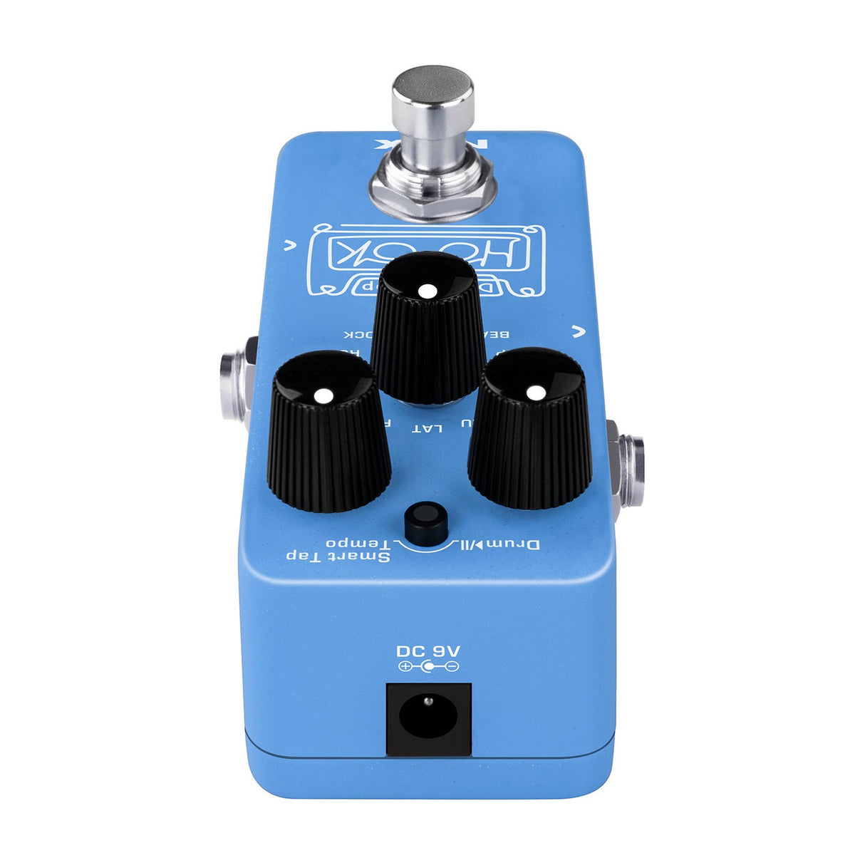 Side view of the NU-X NDL-3 Hook drum machine and looper pedal in blue, showing three black knobs, mode toggle switch, and DC 9V power input.