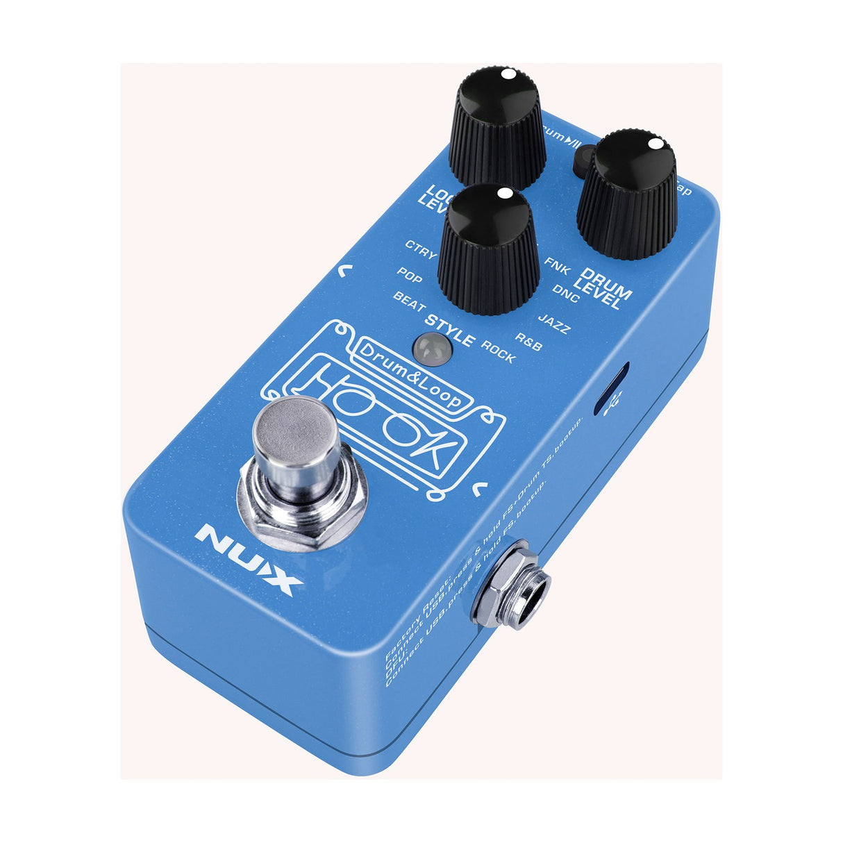 NU-X NDL-3 Hook Drum Machine and Looper pedal in blue, shown at an angle with three black knobs, style selector, footswitch and USB port.