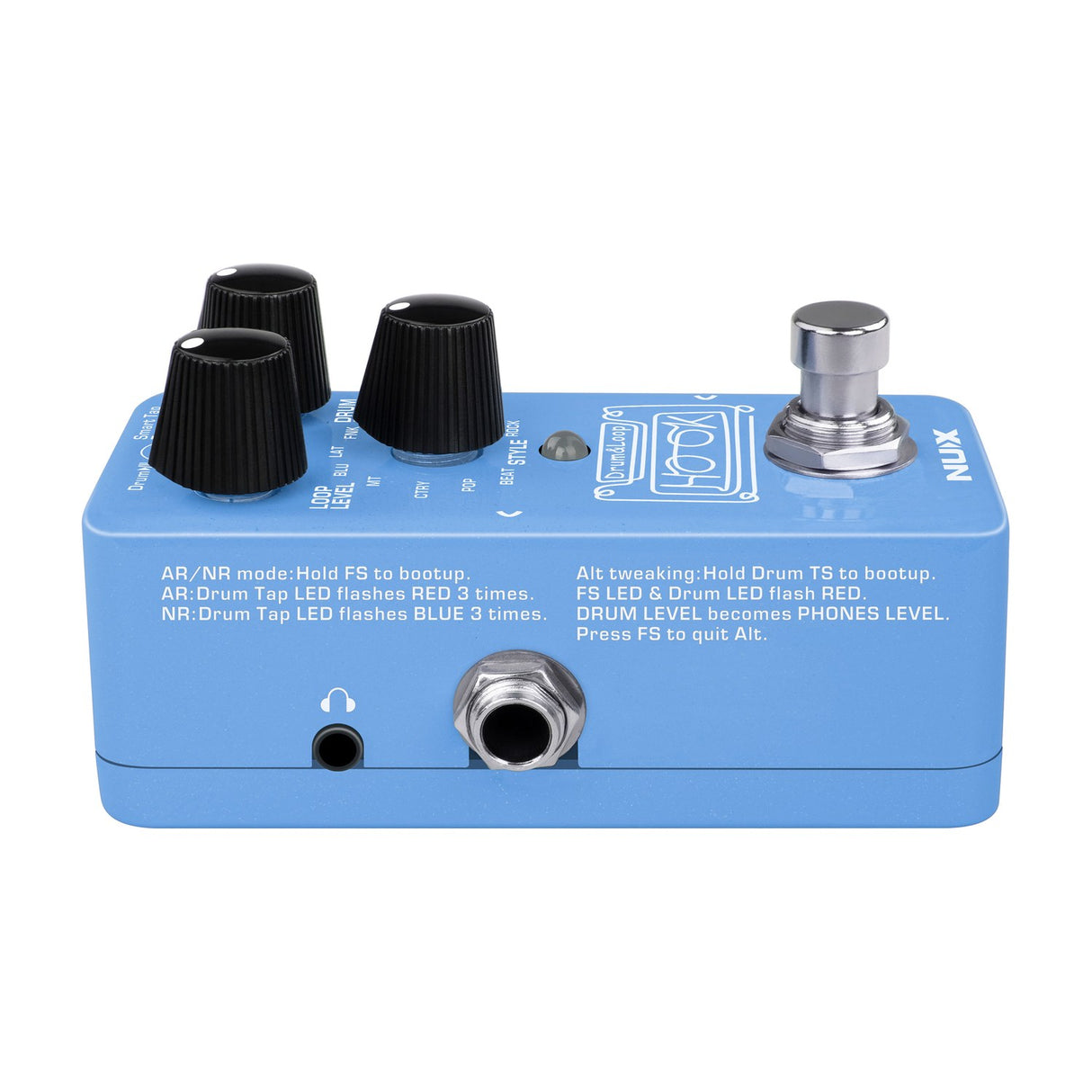 Side view of NU-X NDL-3 Hook Drum Machine & Looper Pedal in blue, showing knobs, footswitch, headphone minijack and 6.35mm output on a white background.