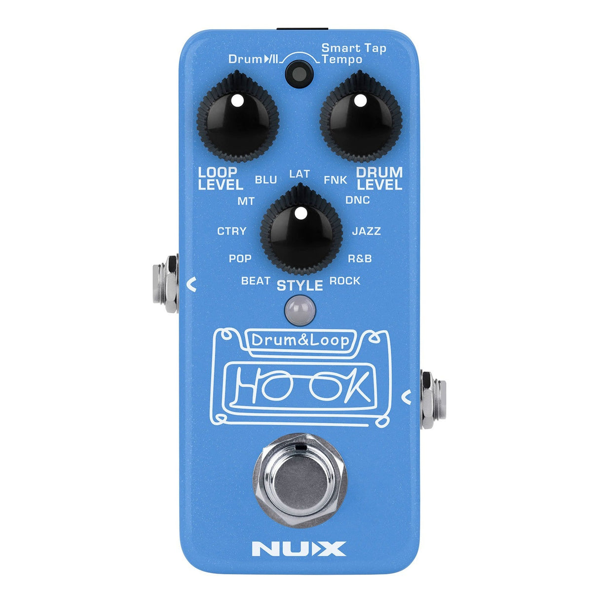 The NU-X Hook Drum & Looper Pedal, a versatile phrase looper, is equipped with three adjustable knobs for Loop Level, Drum Level, and Beat Style—allowing you to select from Jazz, Pop, and Rock genres. It also features a footswitch at the bottom and offers a smart tap tempo function for accurate timing control.