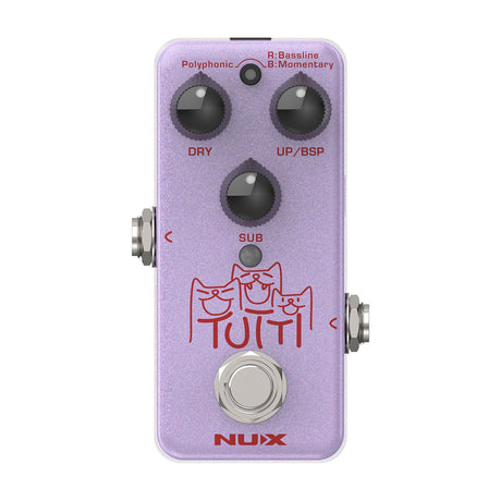 NU-X NPO-2 Tutti Polyphonic Octave guitar pedal in sparkle lilac mini enclosure with Dry, Up/BSP and Sub knobs, mode toggle and footswitch.