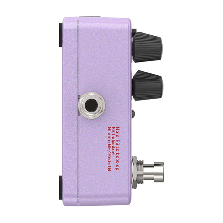 Side view of the NU-X NPO-2 Tutti Polyphonic Octave Pedal in purple glitter finish, showing 6.35mm jack, black control knobs, and footswitch.
