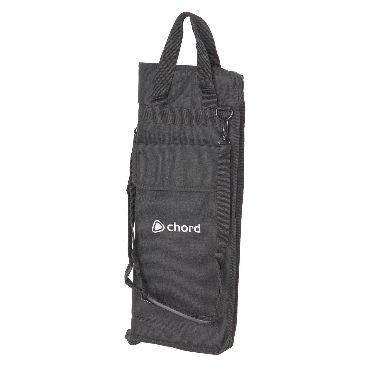Introducing the Chord Pro Drum Stick Bag, a sleek black carrying bag emblazoned with the Chord logo in white, ideal for organizing your drum accessories. It comes equipped with a top handle and shoulder strap for easy transport, and features a front flap pocket for additional storage. Its padded design makes it perfect for safely storing your drum sticks on the go.