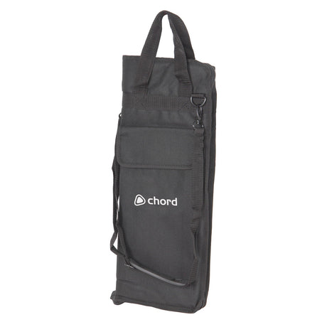 Introducing the Chord Pro Drum Stick Bag, a sleek black carrying bag emblazoned with the Chord logo in white, ideal for organizing your drum accessories. It comes equipped with a top handle and shoulder strap for easy transport, and features a front flap pocket for additional storage. Its padded design makes it perfect for safely storing your drum sticks on the go.
