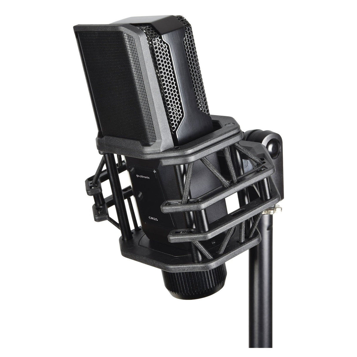 Close-up of the Citronic CM25 Studio Condenser Microphone, showcasing its large diaphragm and cardioid polar pattern. It features a black shock mount and is positioned on a stand. The design includes a metal grille with modern styling, all set against a plain white background.