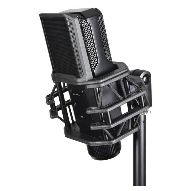 Close-up of the Citronic CM25 Studio Condenser Microphone, showcasing its large diaphragm and cardioid polar pattern. It features a black shock mount and is positioned on a stand. The design includes a metal grille with modern styling, all set against a plain white background.