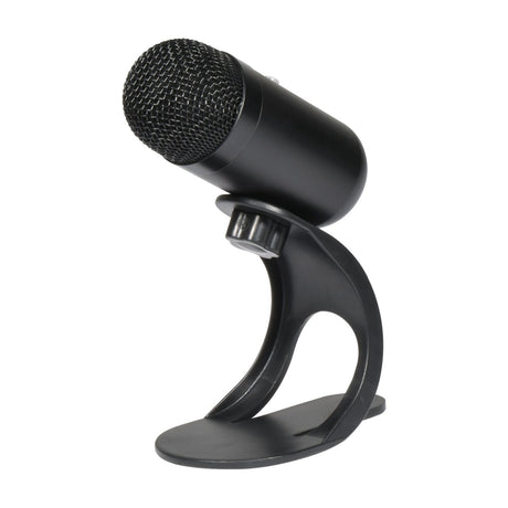 QTX MDU-40 mini desktop USB microphone by AVSL in matte black, with mesh capsule head on a detachable curved stand, shown against a white background.