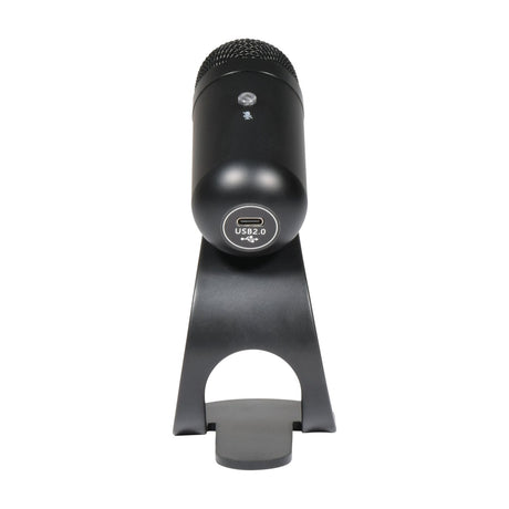 QTX MDU-40 mini desktop USB microphone in matte black, rear view showing USB-C 2.0 port and detachable stand on a white background.