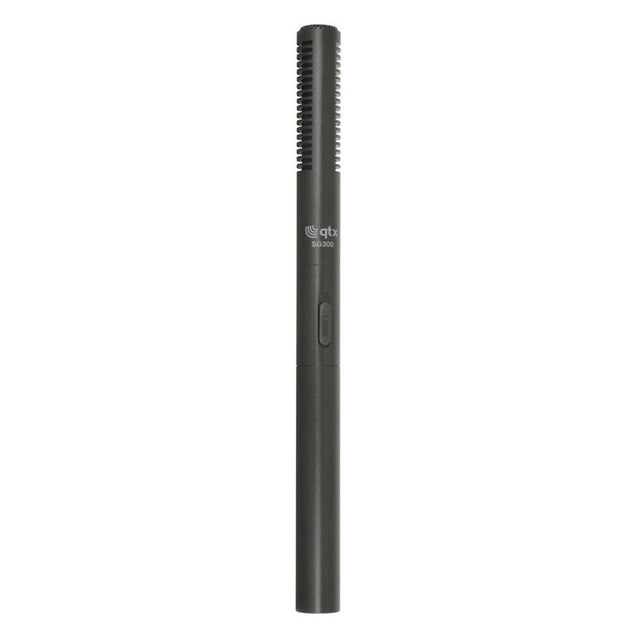 The QTX SG300 Shotgun Microphone is a black microphone featuring a slim, cylindrical design with ventilation slots near the top and an XLRM connector. The brand name "qtx" and model number "650.050" are printed on its body. It has a straightforward on/off switch and incorporates an advanced polar pattern for optimal sound capture.