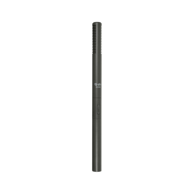 QTX SG350 switchable long shotgun microphone in matte black with slotted capsule, three-way switch and XLRM connector, upright on white background.