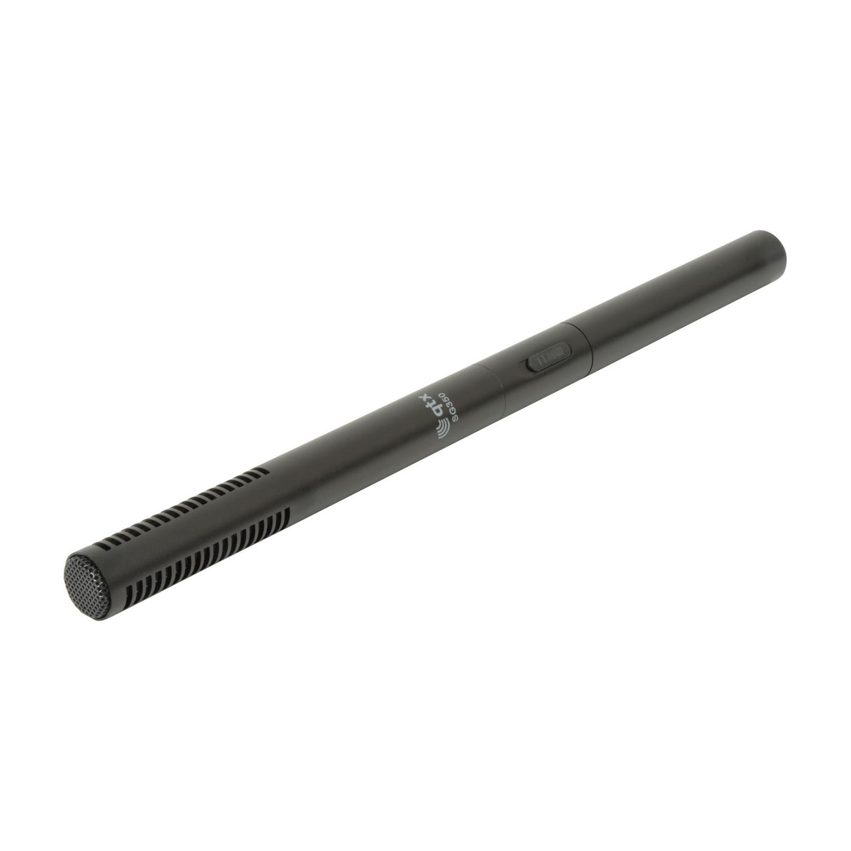 QTX SG350 long shotgun microphone in matte black with mesh capsule, three-way switch and XLR end, shown diagonally on a white background.
